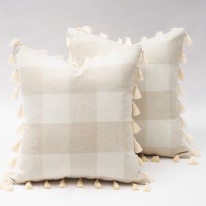 Topfinel Set of 2 throw pillow covers. Cream/ tan checkered with boho tassels.